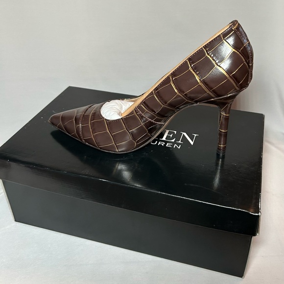 NIB: Ralph Lauren Lindella High Heels; Brown/Gold Foil embossed croc. - Picture 1 of 8